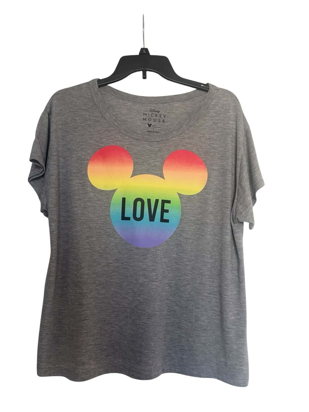 Disney Mickey Mouse Rainbow Pride LOVE Graphic T-Shirt Gray Women's Size L